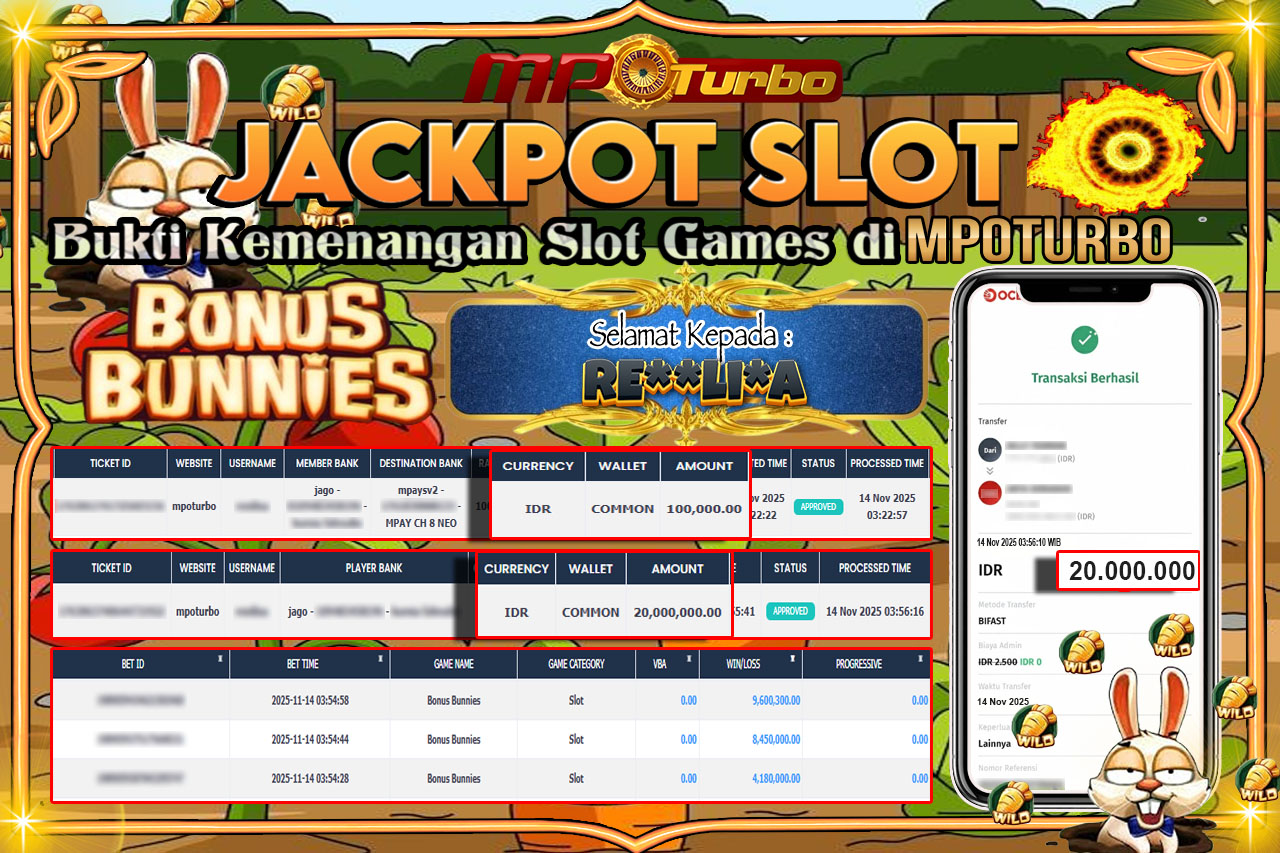 MPOTURBO JACKPOT BONUS BUNNIES- NOLIMIT CITY Rp 20,000,000.00,- LUNAS